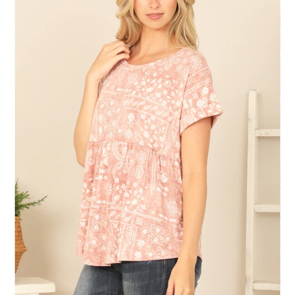 FSL Apparel | Babydoll Rolled Sleeve Tee Blouse‎ Boho Print - Picture 6 of 11